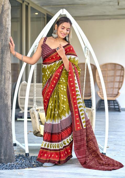 Green Printed Cotton Saree Set