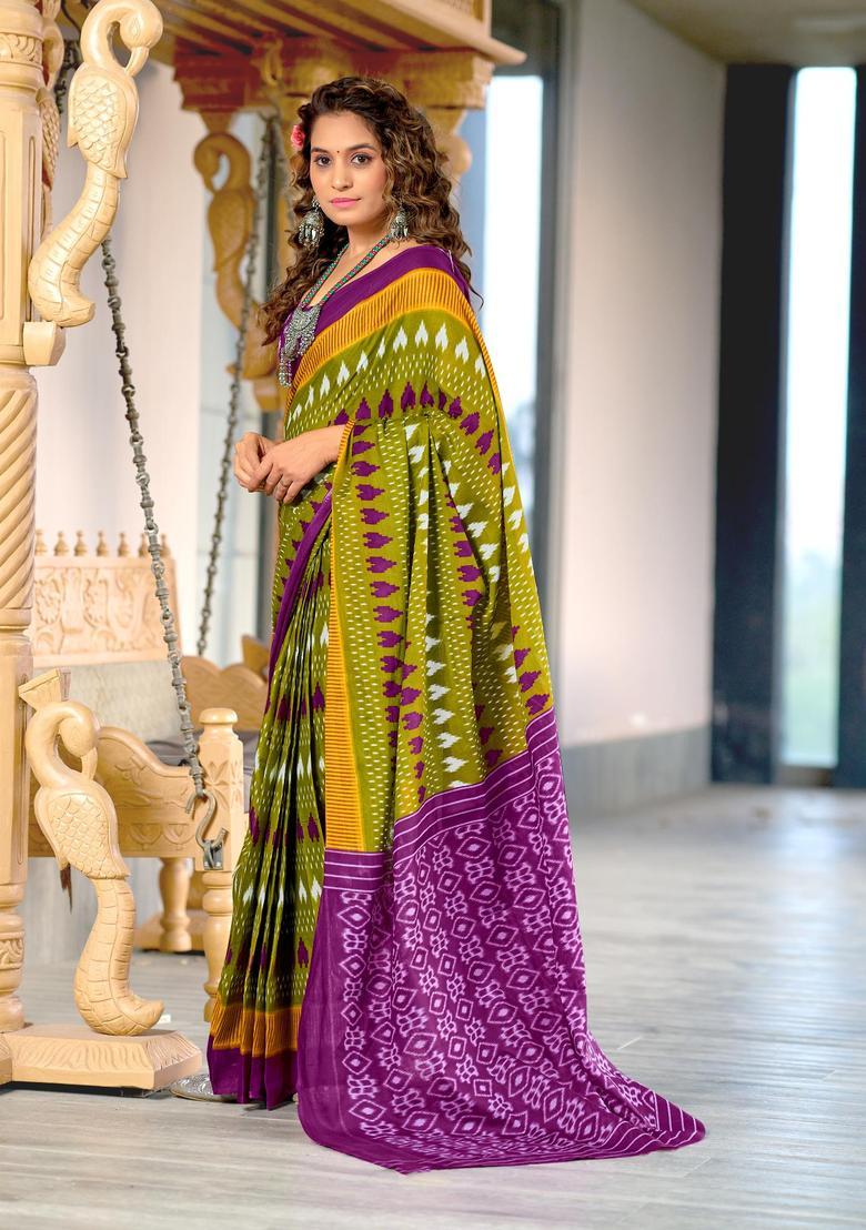 Green Printed Cotton Saree Set - Indya