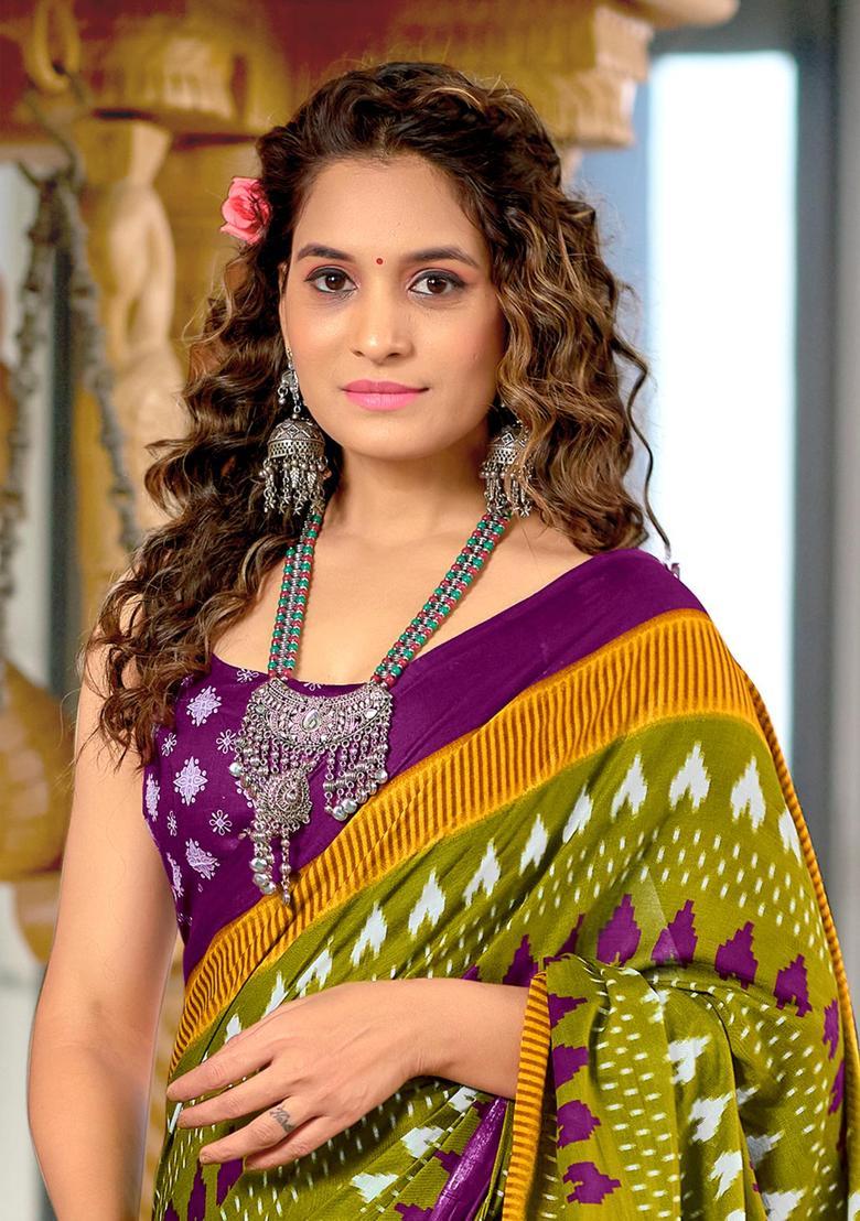 Green Printed Cotton Saree Set - Indya