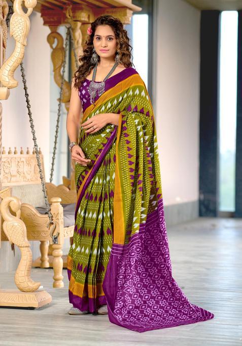 Green Printed Cotton Saree Set
