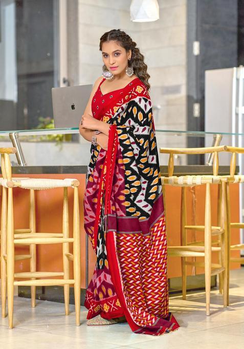Black Printed Cotton Saree Set