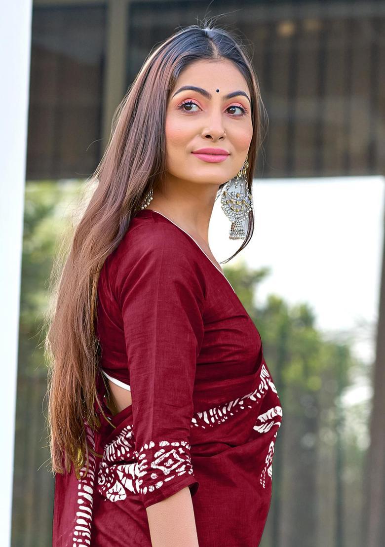 Maroon Printed Cotton Saree Set - Indya