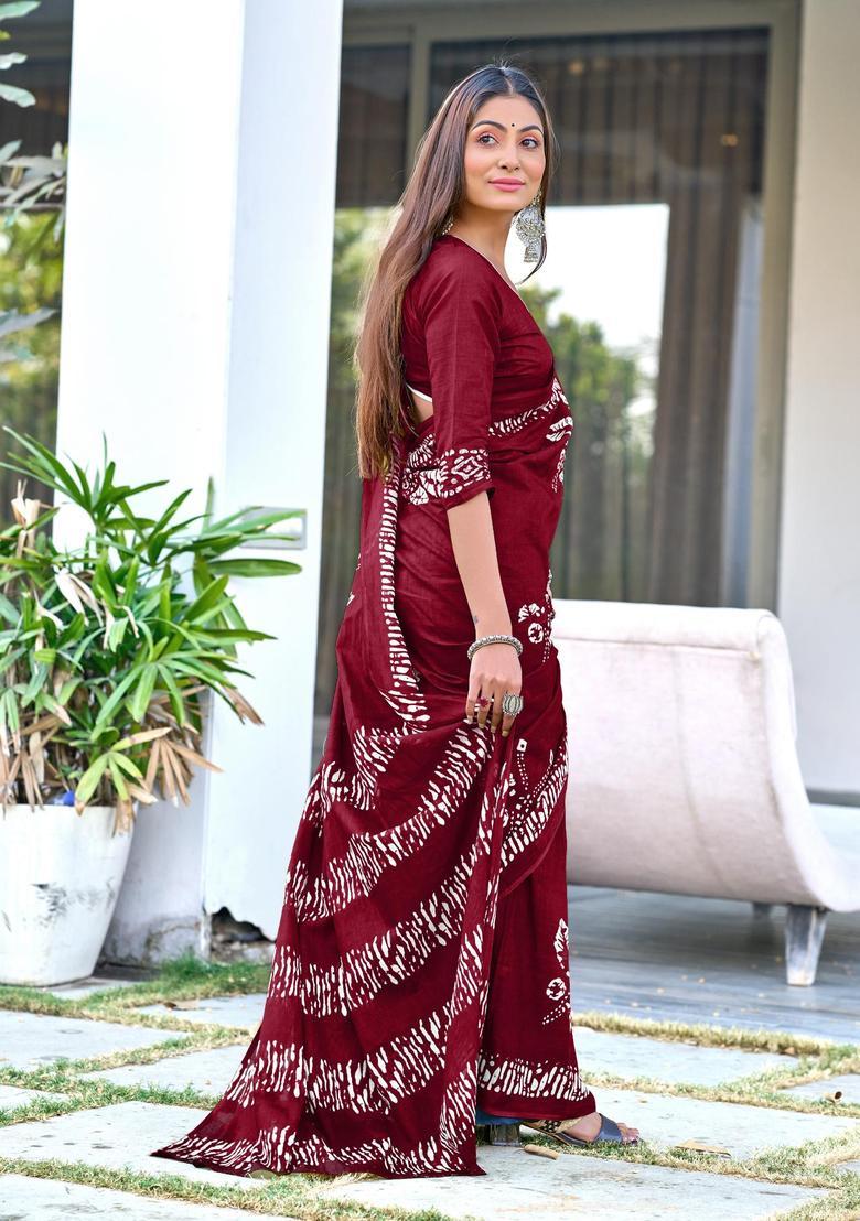 Maroon Printed Cotton Saree Set - Indya