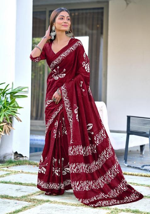 Maroon Printed Cotton Saree Set