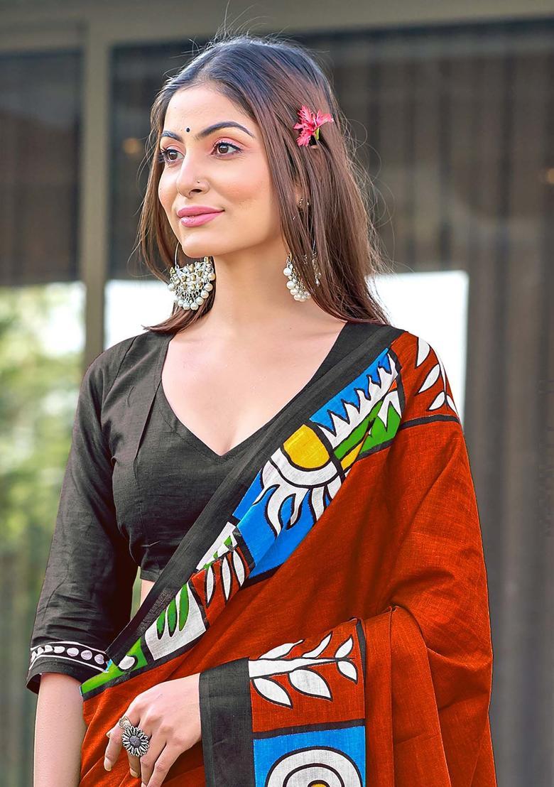 Red Geometric Print Cotton Saree Set - Indya