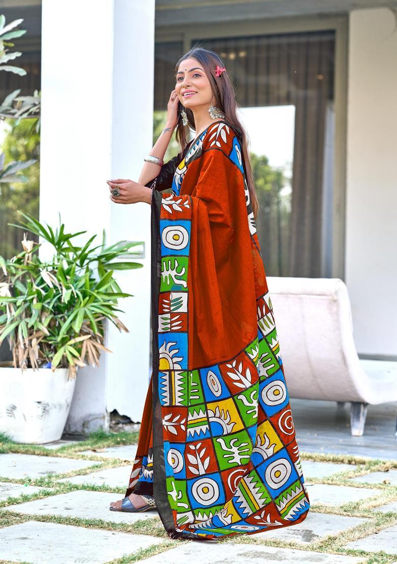 Red Geometric Print Cotton Saree Set - Indya