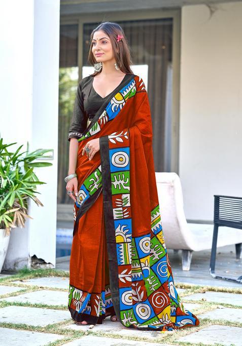 Red Geometric Print Cotton Saree Set