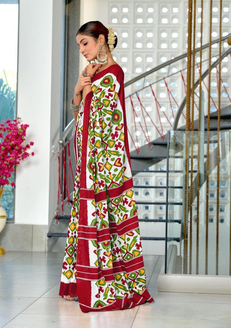 White Printed Cotton Saree Set - Indya