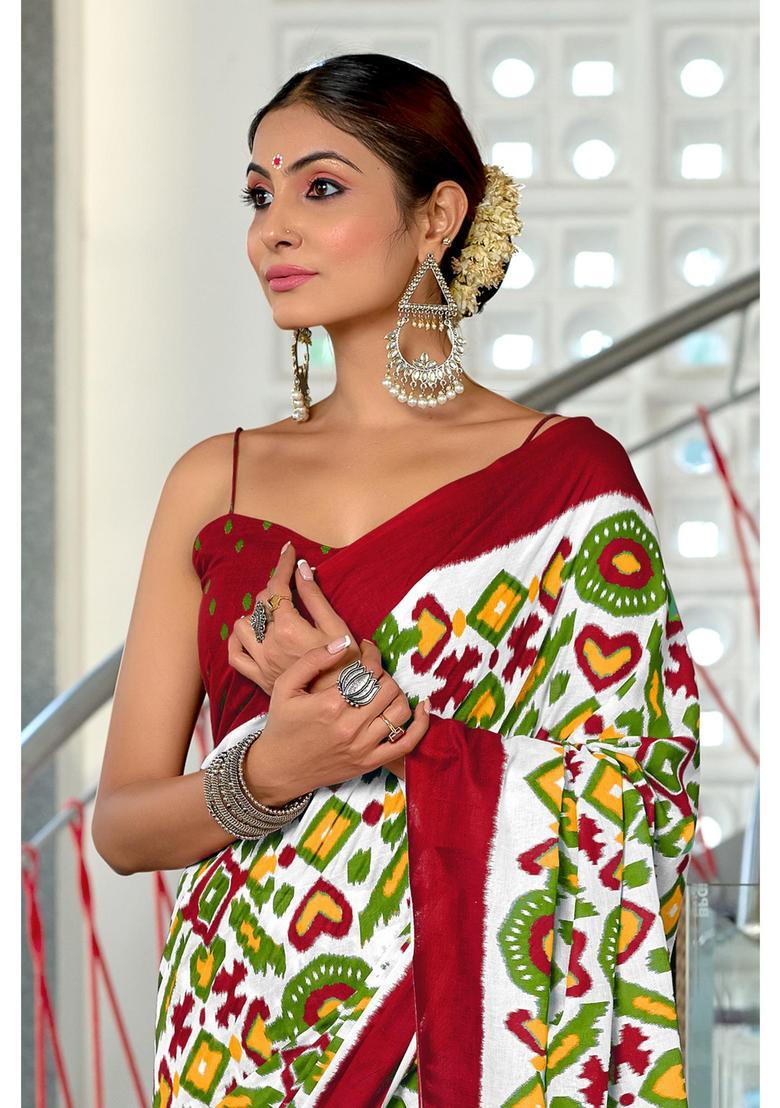 White Printed Cotton Saree Set - Indya