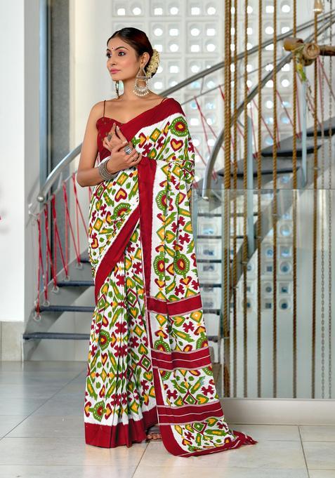 White Printed Cotton Saree Set