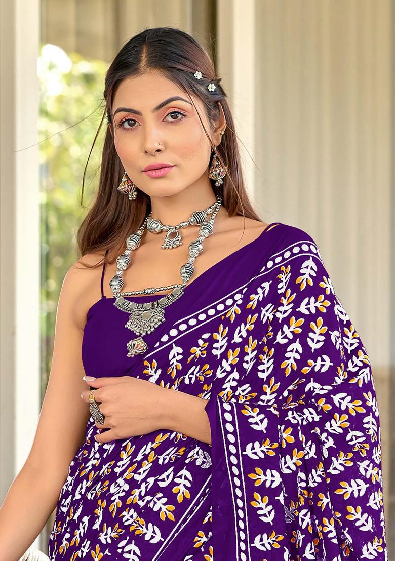 Purple Printed Cotton Saree Set - Indya