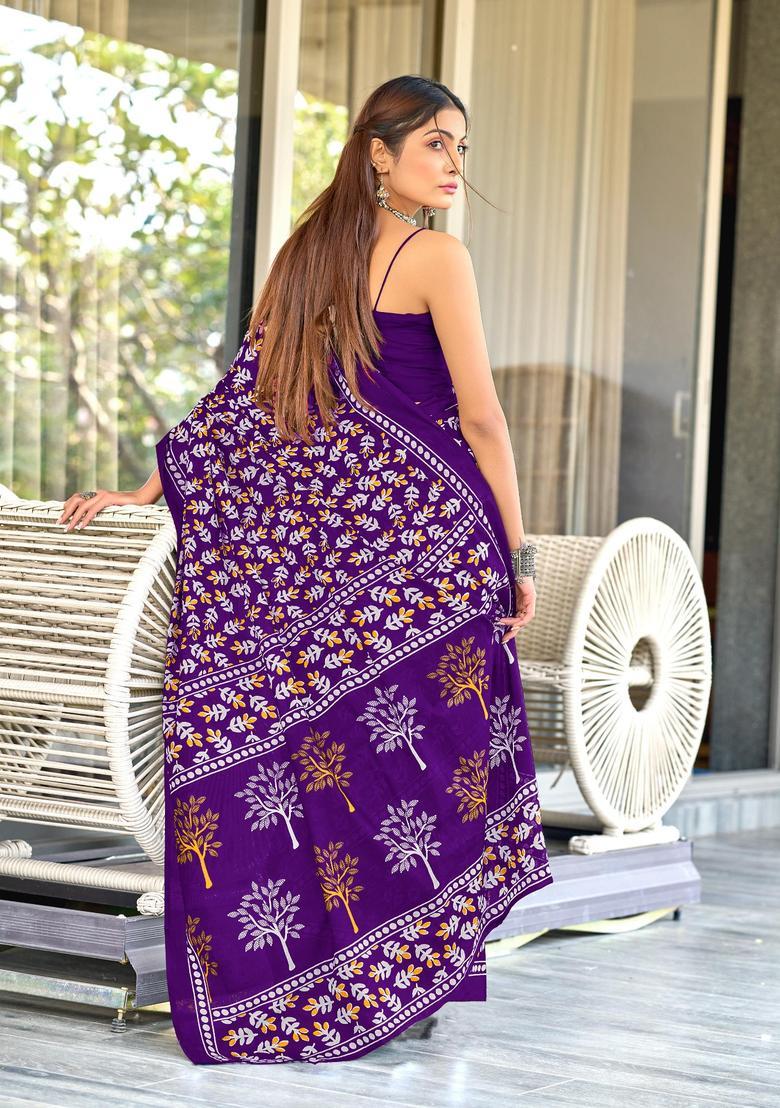 Purple Printed Cotton Saree Set - Indya