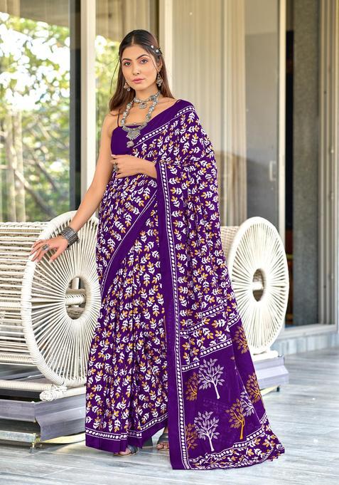 Purple Printed Cotton Saree Set