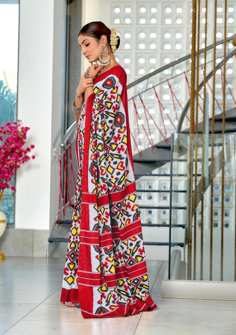 White Printed Cotton Saree Set - Indya