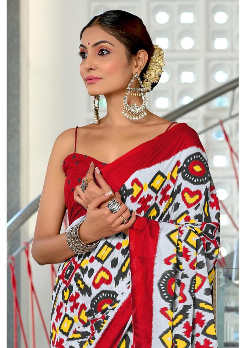 White Printed Cotton Saree Set - Indya