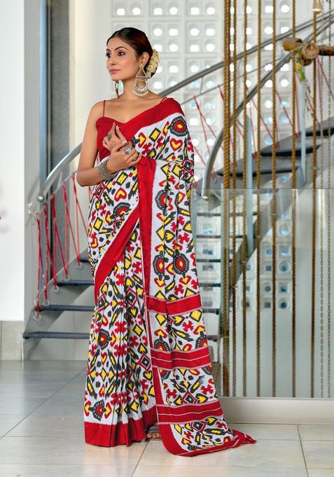 White Printed Cotton Saree Set