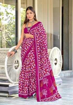 Pink Printed Cotton Saree Set