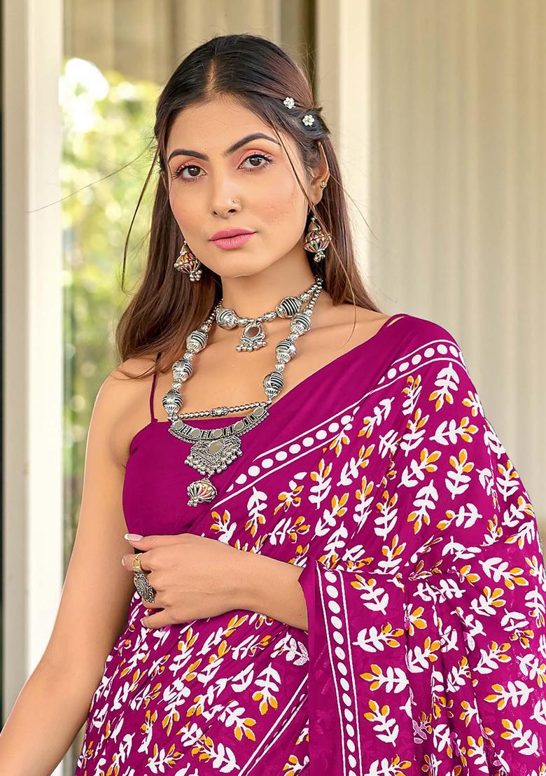 Pink Printed Cotton Saree Set - Indya