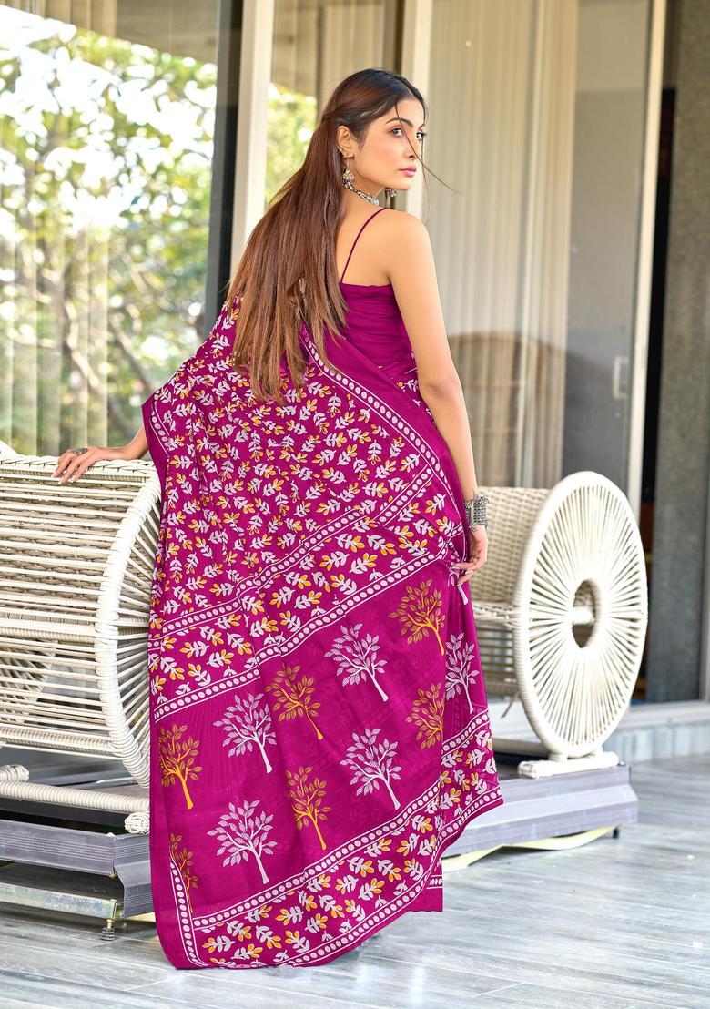 Pink Printed Cotton Saree Set - Indya