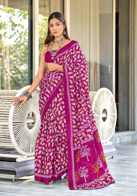 Pink Printed Cotton Saree Set