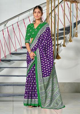Purple Floral Print Cotton Saree Set