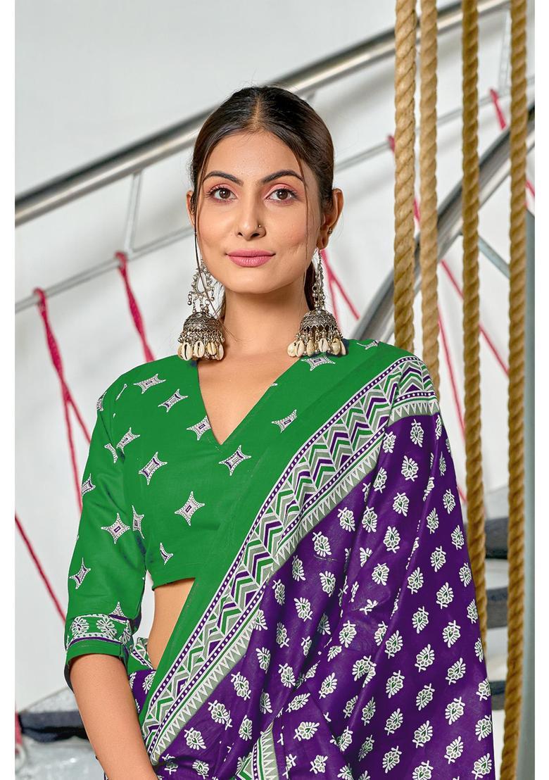Purple Floral Print Cotton Saree Set - Indya