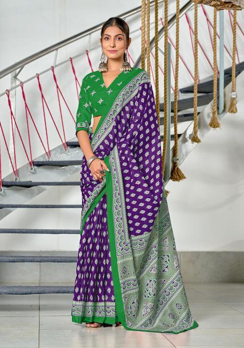 Purple Floral Print Cotton Saree Set