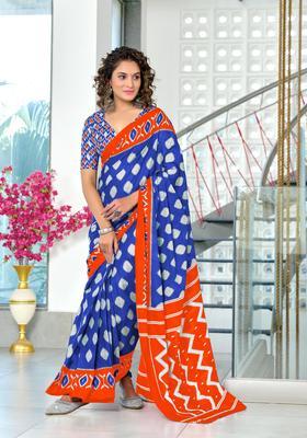Blue Printed Cotton Saree Set