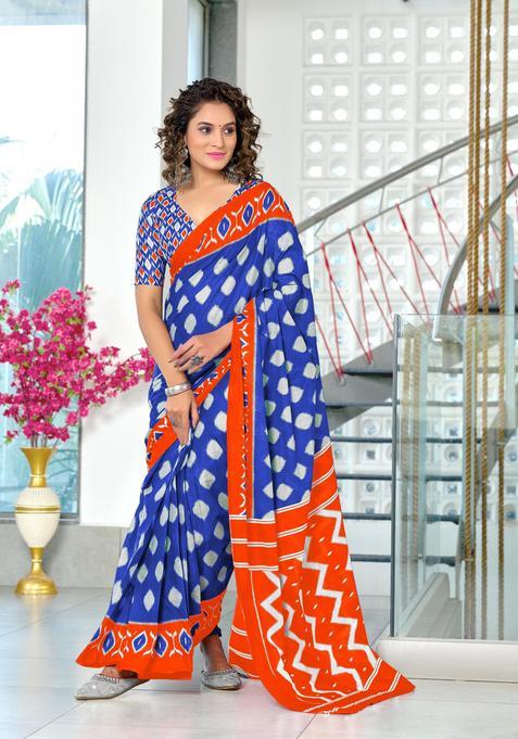 Blue Printed Cotton Saree Set