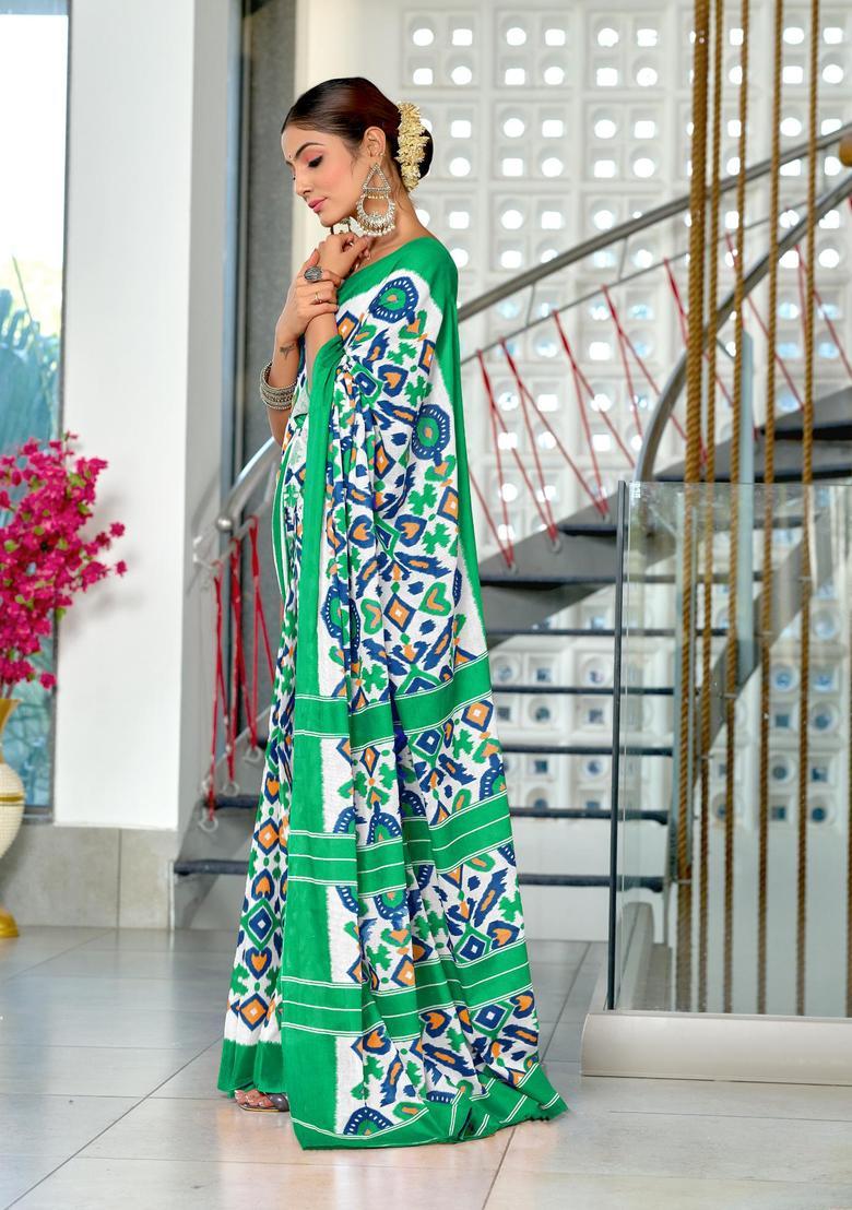Green Printed Cotton Saree Set - Indya