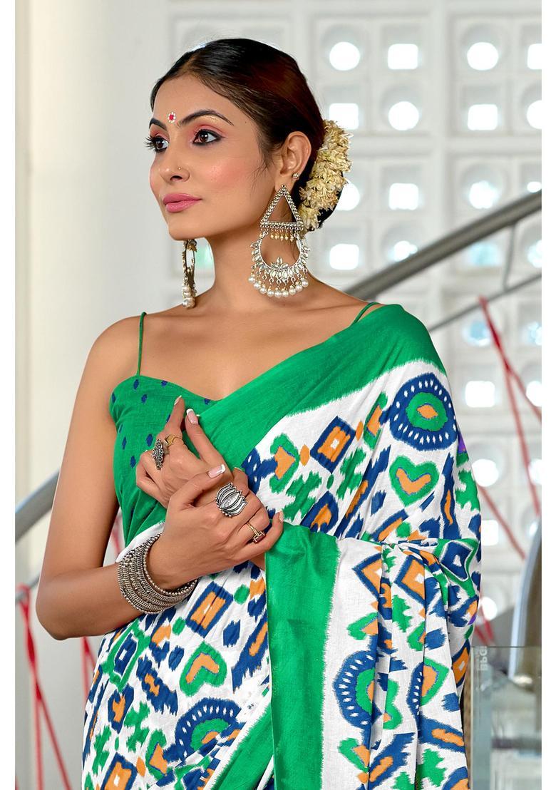 Green Printed Cotton Saree Set - Indya
