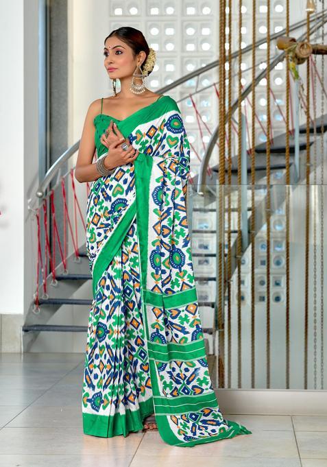 Green Printed Cotton Saree Set