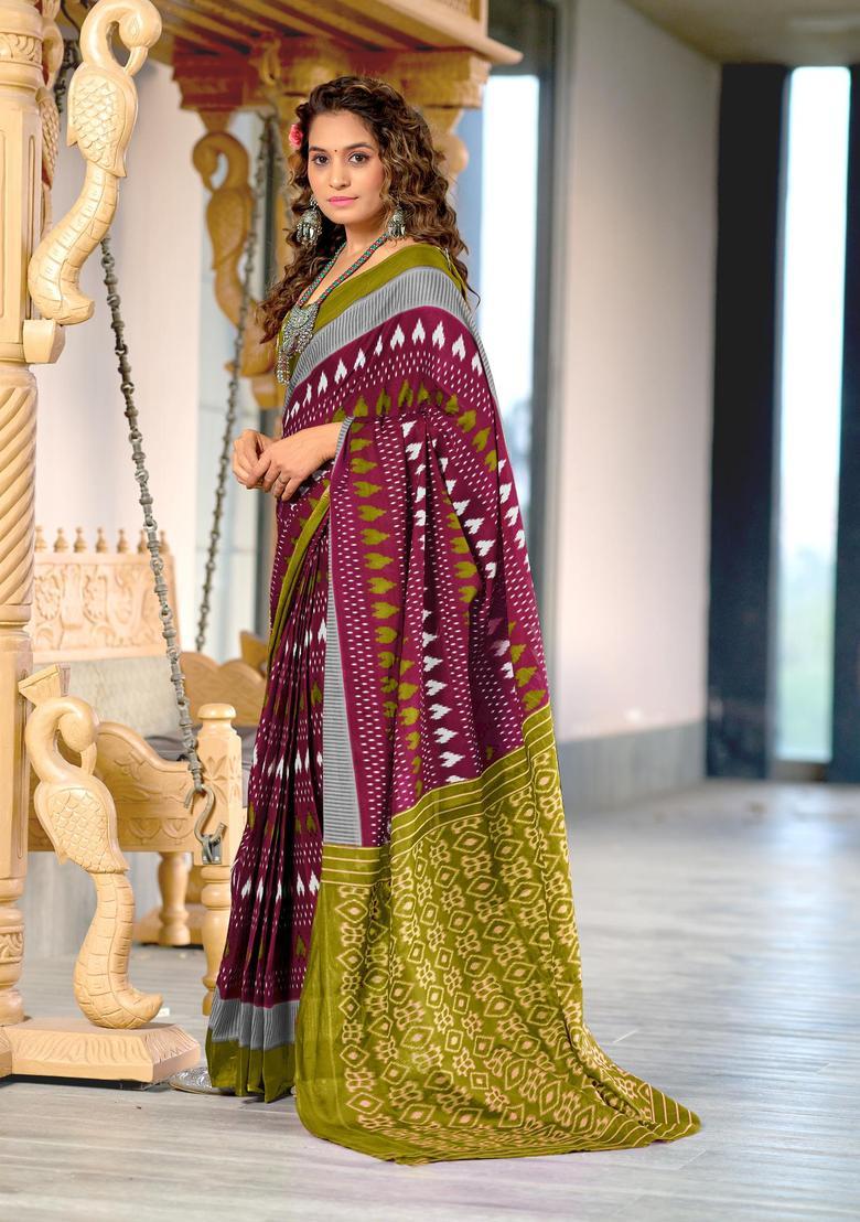 Wine Printed Cotton Saree Set - Indya