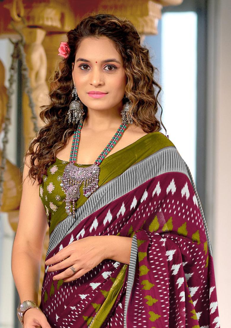 Wine Printed Cotton Saree Set - Indya