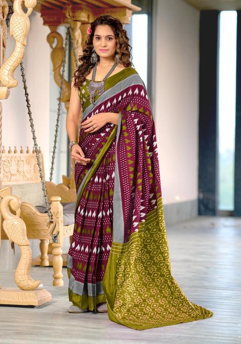 Wine Printed Cotton Saree Set
