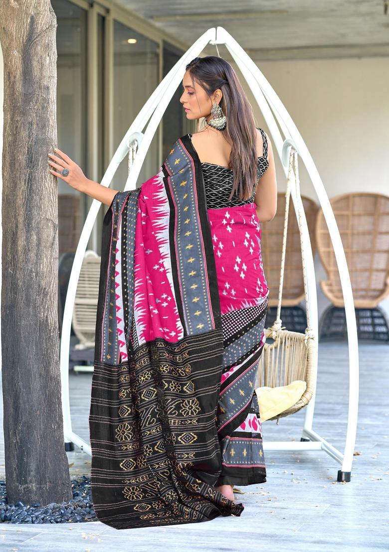 Pink Printed Cotton Saree Set - Indya