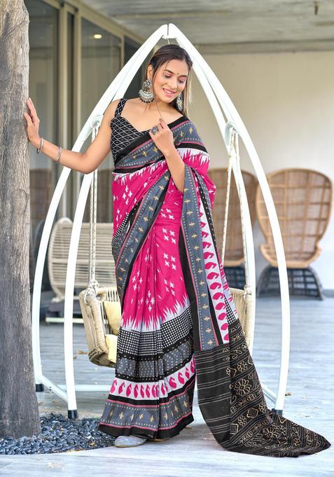 Pink Printed Cotton Saree Set