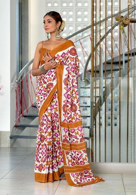 Brown Printed Cotton Saree Set