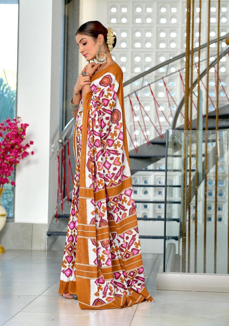 Brown Printed Cotton Saree Set - Indya