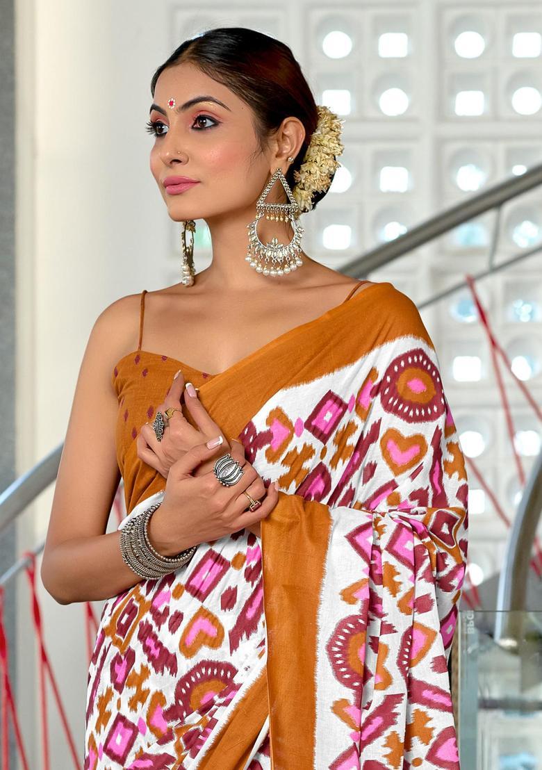 Brown Printed Cotton Saree Set - Indya