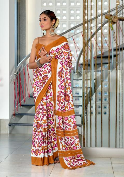 Brown Printed Cotton Saree Set
