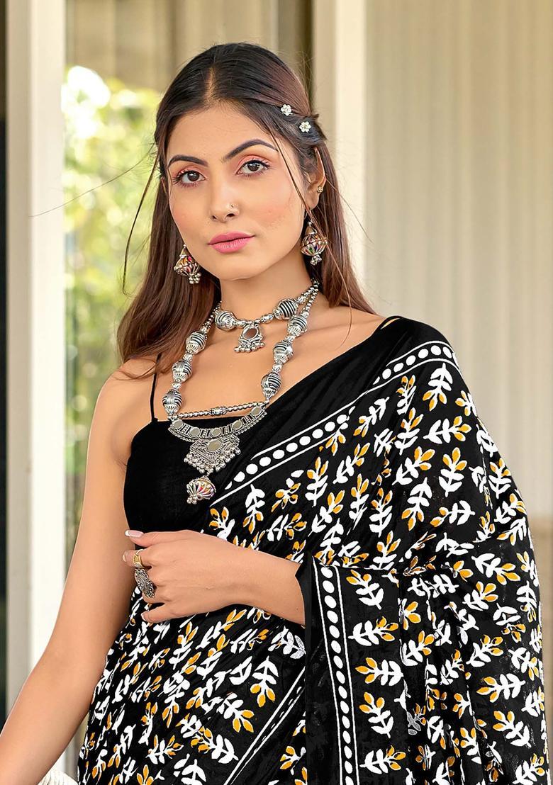 Black Printed Cotton Saree Set - Indya