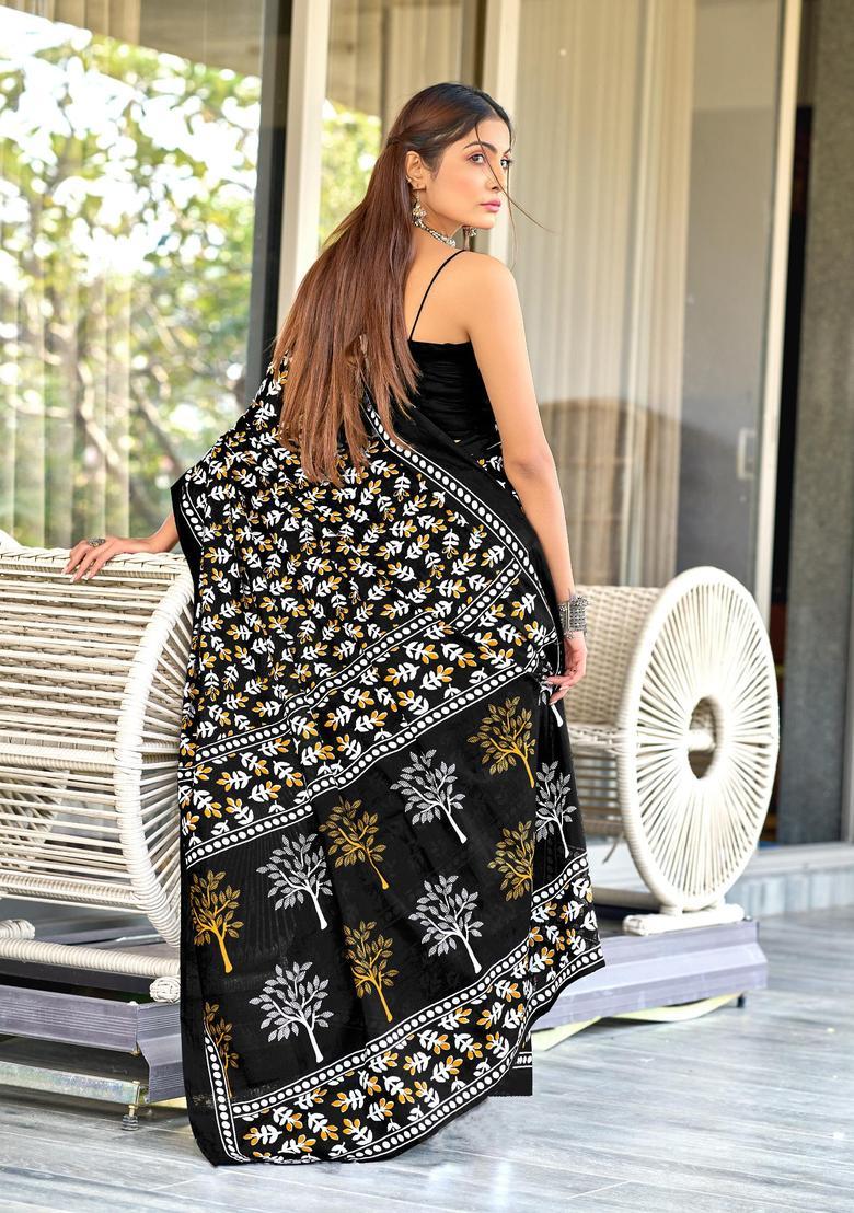 Black Printed Cotton Saree Set - Indya