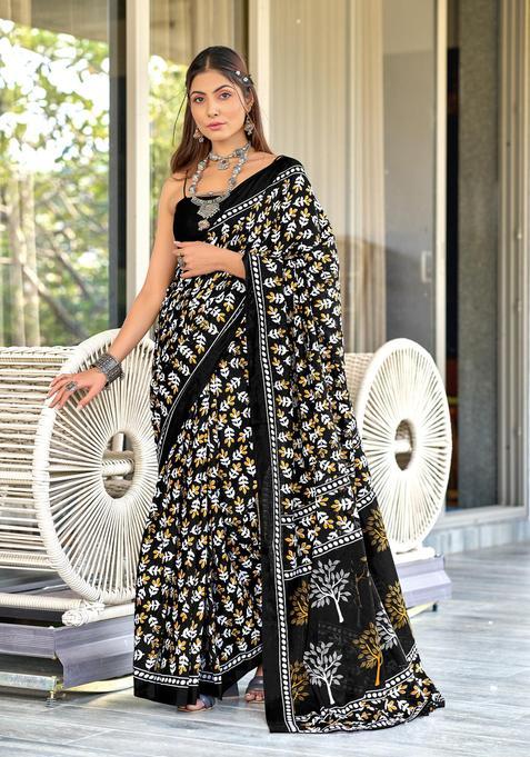 Black Printed Cotton Saree Set