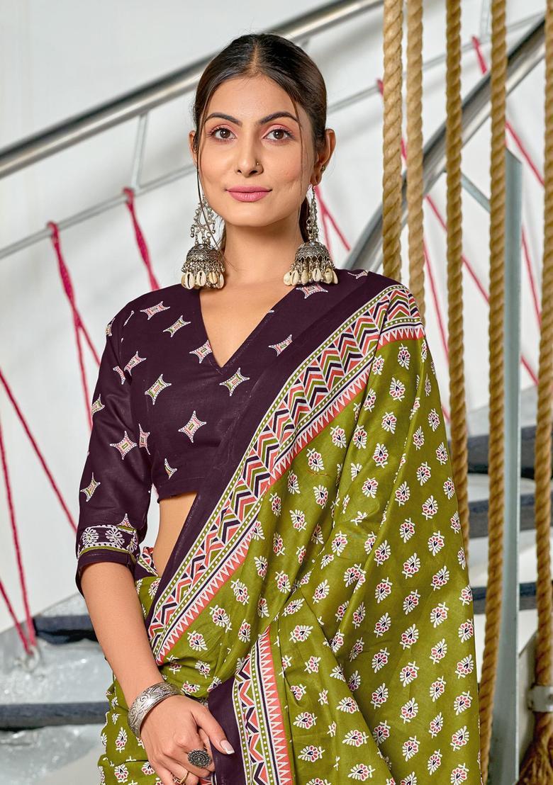 Green Floral Print Cotton Saree Set - Indya