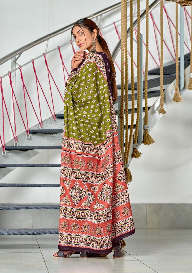 Green Floral Print Cotton Saree Set - Indya