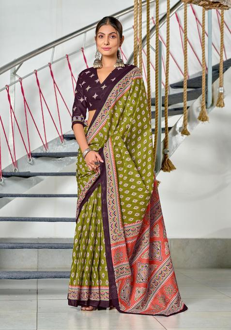 Green Floral Print Cotton Saree Set