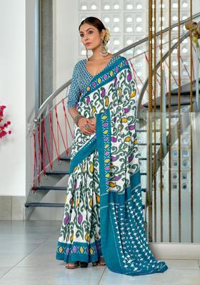 White Printed Cotton Saree Set