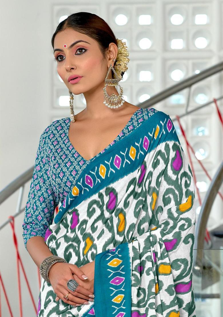 White Printed Cotton Saree Set - Indya