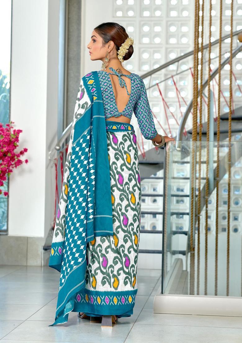 White Printed Cotton Saree Set - Indya